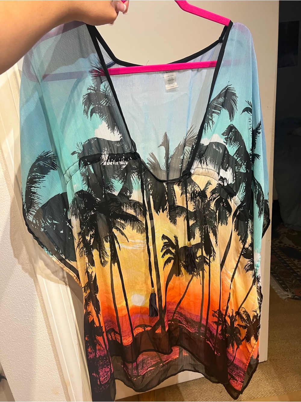 Bleu Rod Beattie Sunset Palm Sheer Swim Coverup - Aqua, Orange, Black